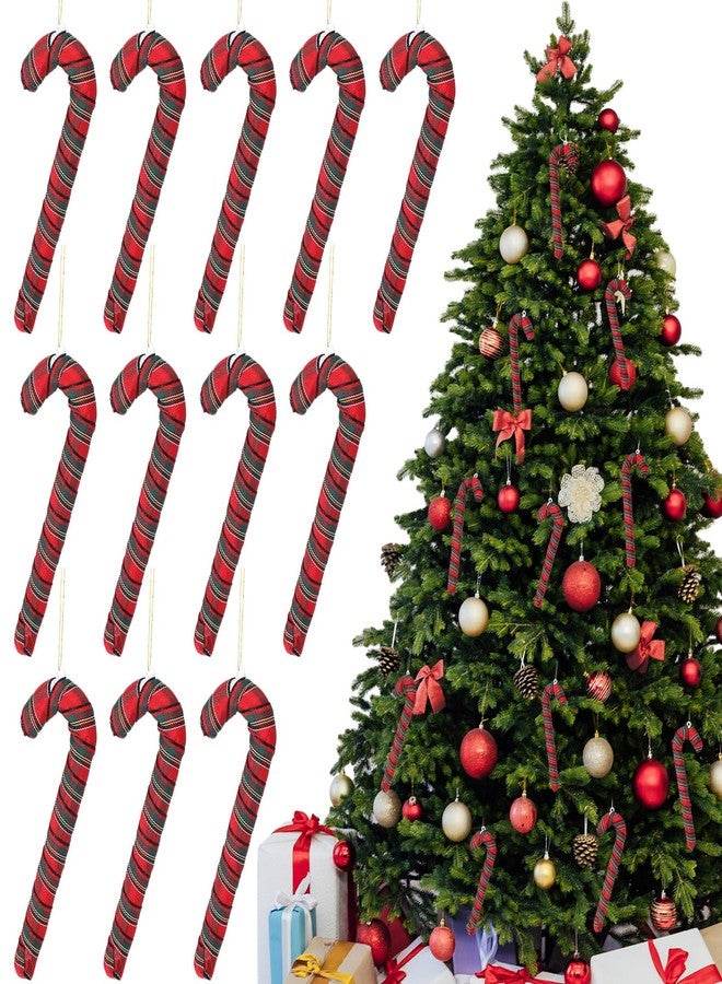 Vertintong 12 Pcs Candy Cane Christmas Ornament Red Fabric Plaid Candy Cane Decorations Rustic Farmhouse Christmas Tree Hanging Decoration for Xmas Crafts Party Favor Indoor Outdoor Decor - Image 1